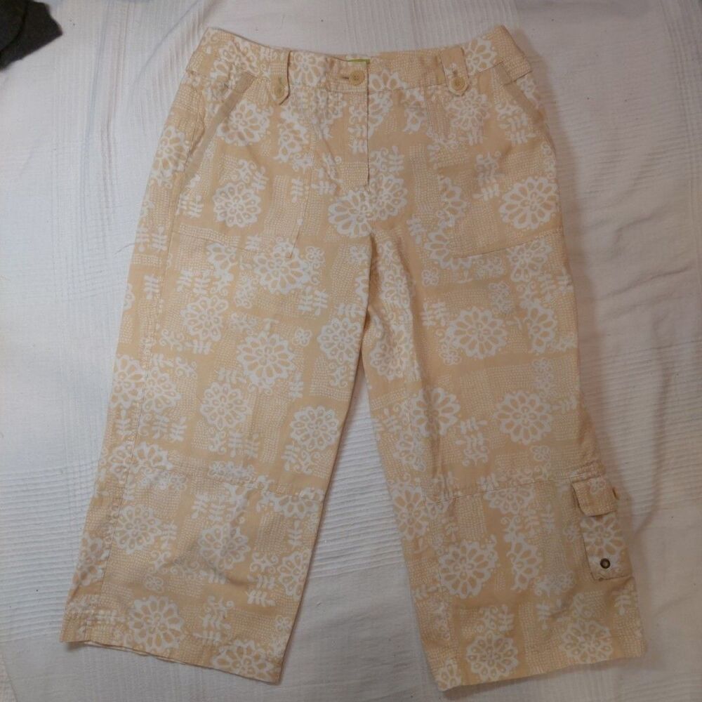 Sigrid Olsen Poet 9 Tan White Womens Floral Pants  Capri Size 10 Summer Beach